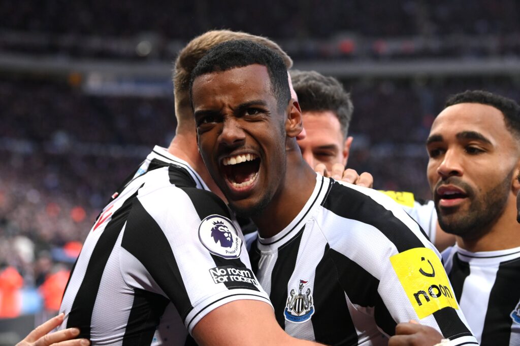 Alexander Isak of Newcastle United celebrates a Premier League goal against Fulham.